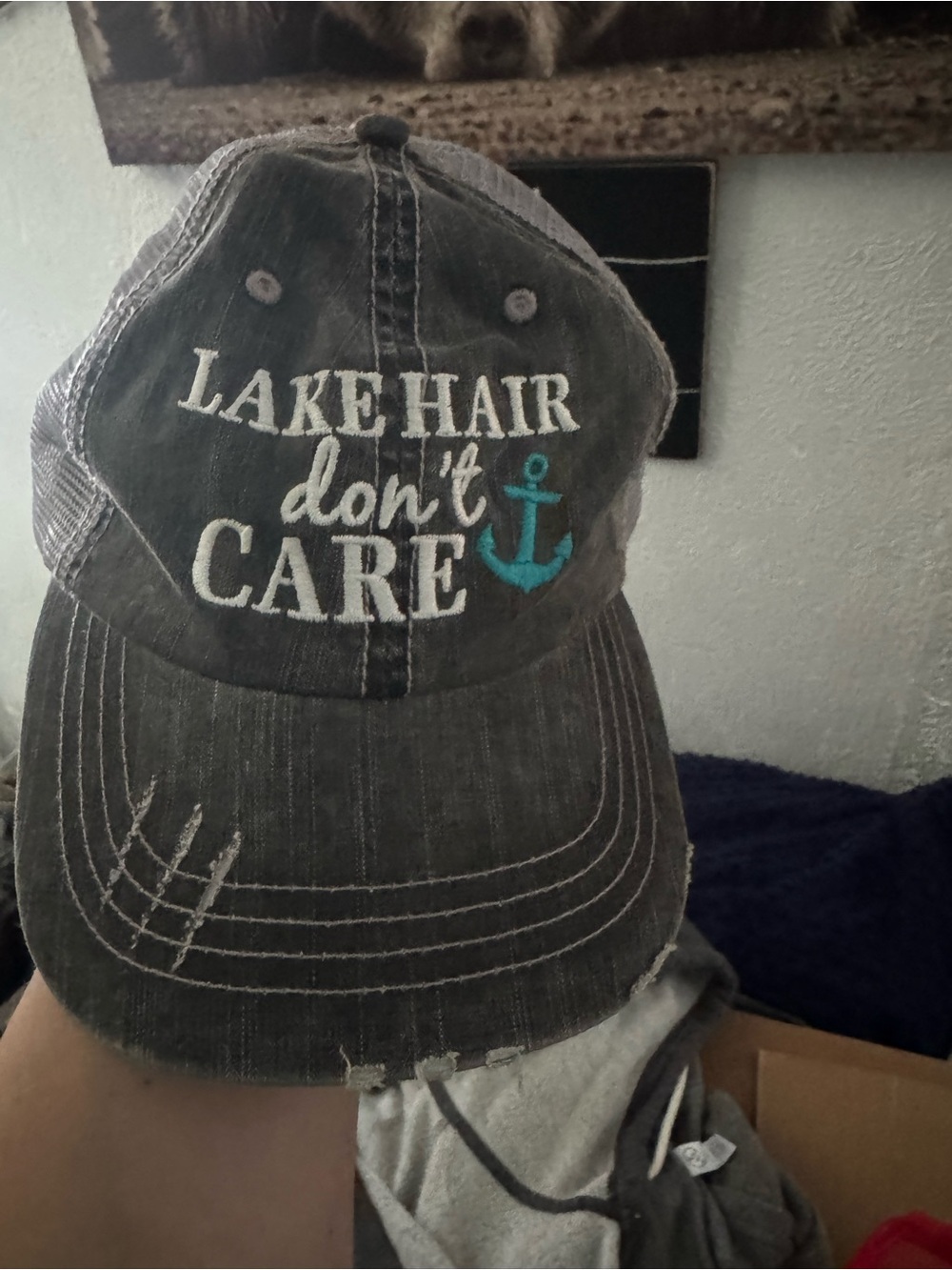 'Lake Hair Don't Care' Embroidered Anchor Cap - Gray with Teal Accent